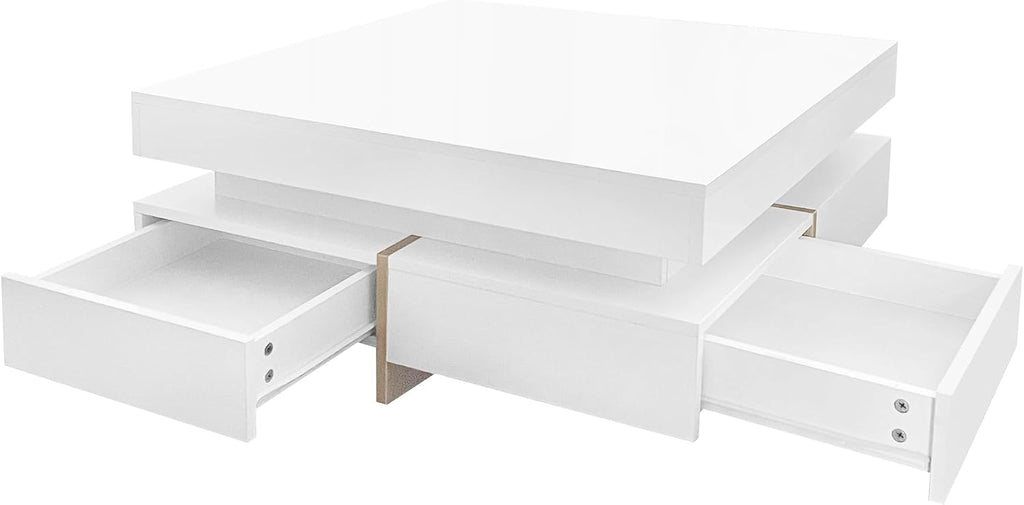 Modern Coffee Table with Storage, Contemporary Square Coffee Table with Drawers, High Gloss Modern Center Table for Living Room, Reception Room, Office, White, 31' D X 31' W X 11' H