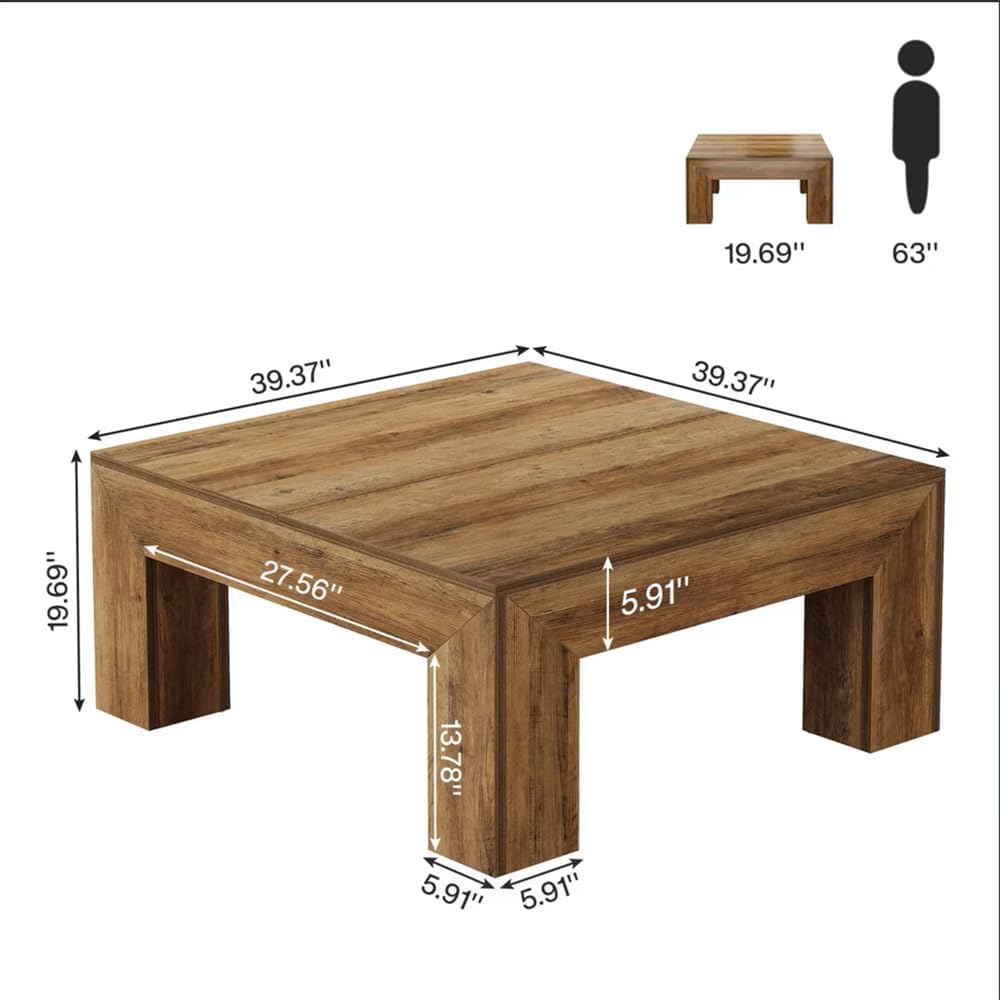 SSLine Wooden Coffee Table 39.4-Inch Square Coffee Table for Living Room,Farmhouse MDF Wood Cocktail Center Tables with Thicken Top and Sturdy Legs,Rustic Brown