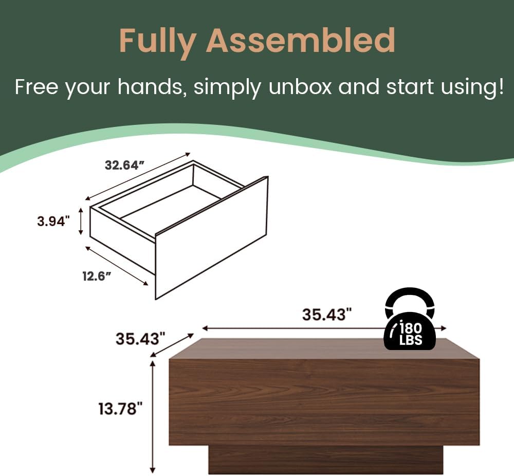 POVISON Modern Square Coffee Table with Storage, 35.43' Wood Coffee Table for Living Room Table Walnut, Fully Assembled