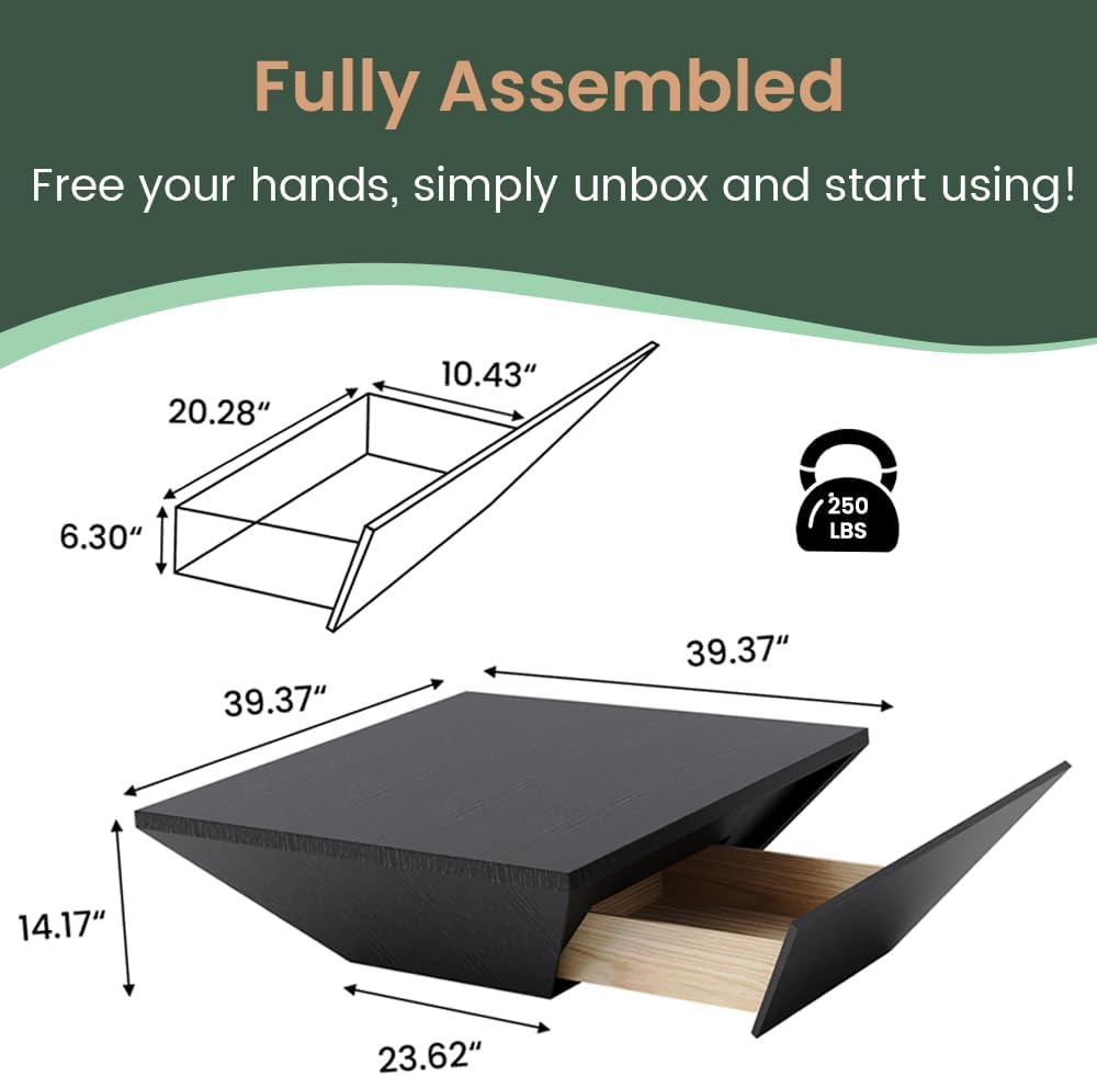 POVISON Modern Coffee Tables for Living Room, Square Coffee Table with Storage, Wood Coffee Table with Drawers, 39.4' Black Trapezoidal Living Room Tables for Home Office, Fully Assembled