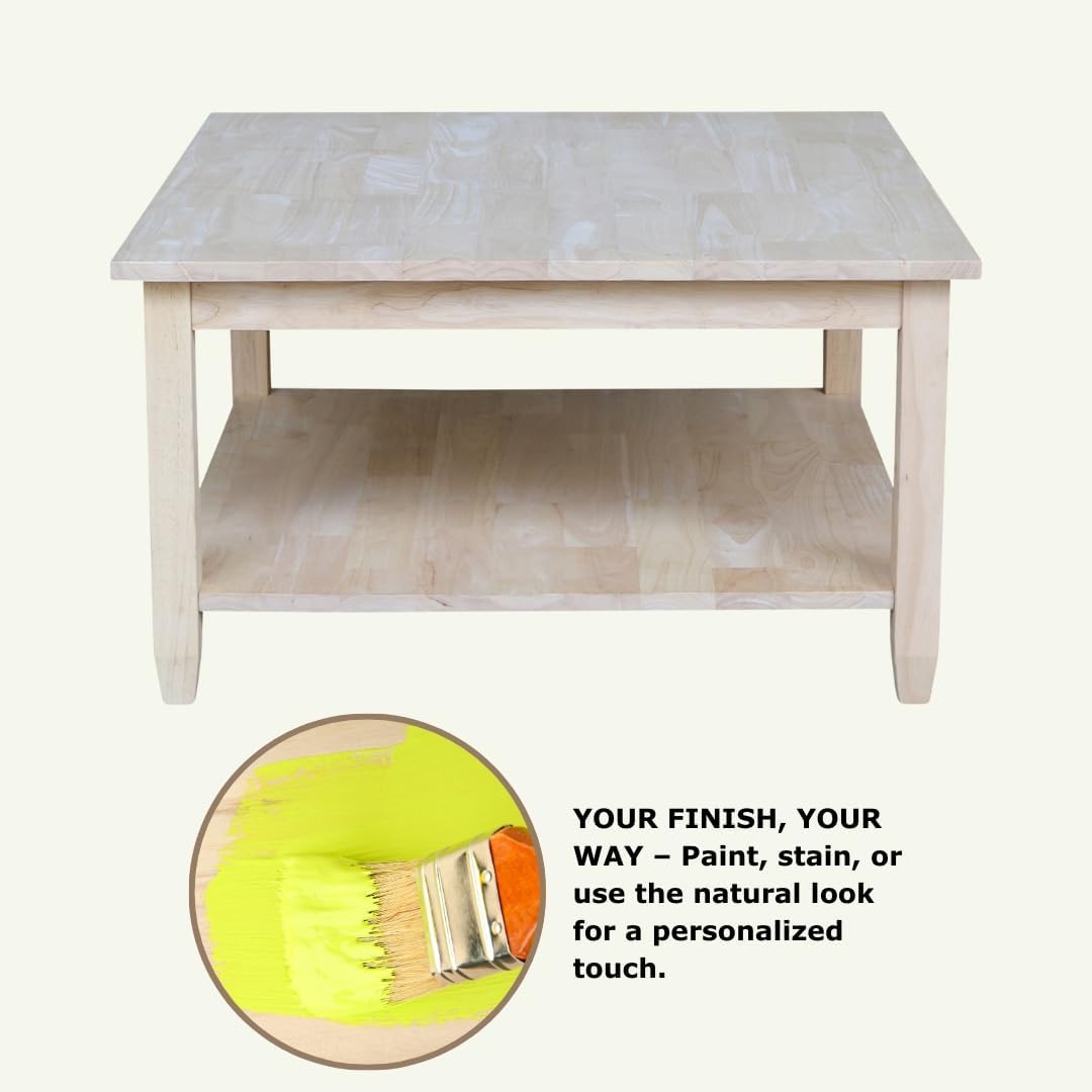 IC International Concepts, Solano Square Coffee Table, Solid Real Wood, Sturdy Parawood, Living Room/Family Room/Entryway, 32'W x 32'D x 18'H with Shelf, Paint/Stain Ready, Unfinished