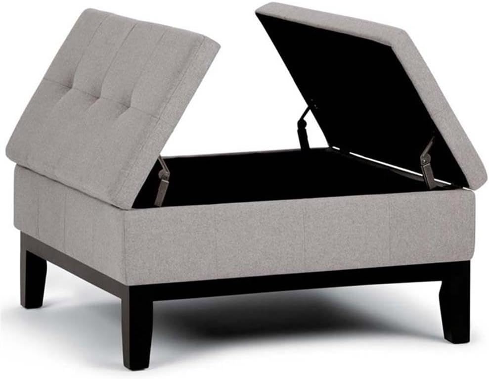 Pemberly Row Contemporary Coffee Table Ottoman, 35.83 in Square, Upholstered Cloud Gray Linen Fabric, Tufted Top, Solid Wood Frame, Split Lift-Top Storage, Living Room Accent Furniture
