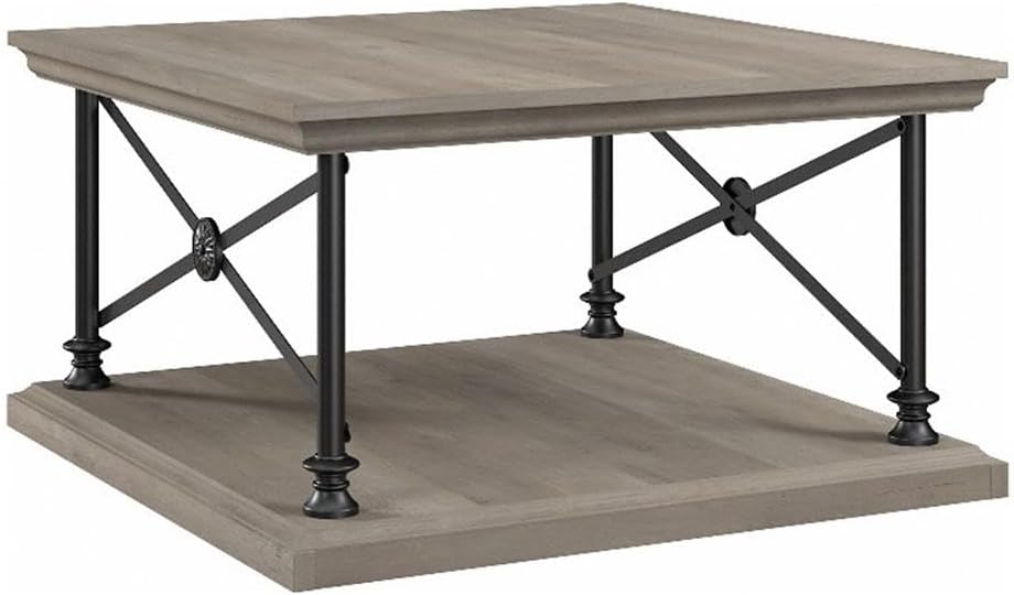 BOWERY HILL Square Coffee Table, Driftwood Gray Finish, Engineered Wood Construction, Sturdy 50 lb Capacity, Bottom Shelf for Storage, Industrial Farmhouse Style Living Room Table