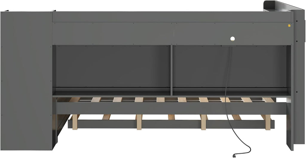 Wood Full Size Daybed with Storage Shelves and Desk, L-Shaped Corner Platform Bed Frame with Upholstered Headboard and Trundle for Office Living Room Bedroom, Space-Saving (Gray-1.16t)