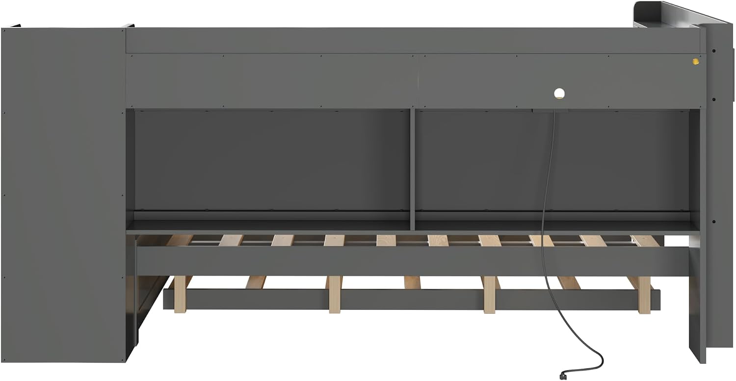Wood Full Size Daybed with Storage Shelves and Desk, L-Shaped Corner Platform Bed Frame with Upholstered Headboard and Trundle for Office Living Room Bedroom, Space-Saving (Gray-1.16t)