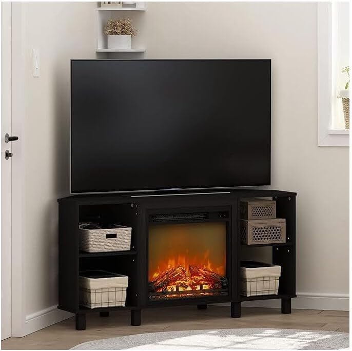 HomeStock Electric Fireplace TV Stand - Corner Entertainment Center for TVs up to 55 Inch Americano and Black/Corner with Legs