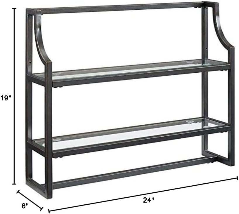 Afuera Living 2-Shelf Modern Metal Wall Shelf, Oil Rubbed Bronze Finish, Steel Frame with Tempered Glass Shelves, 19' H x 24' W x 6' D, Includes Towel Bar, Art Deco Bathroom Storage Display