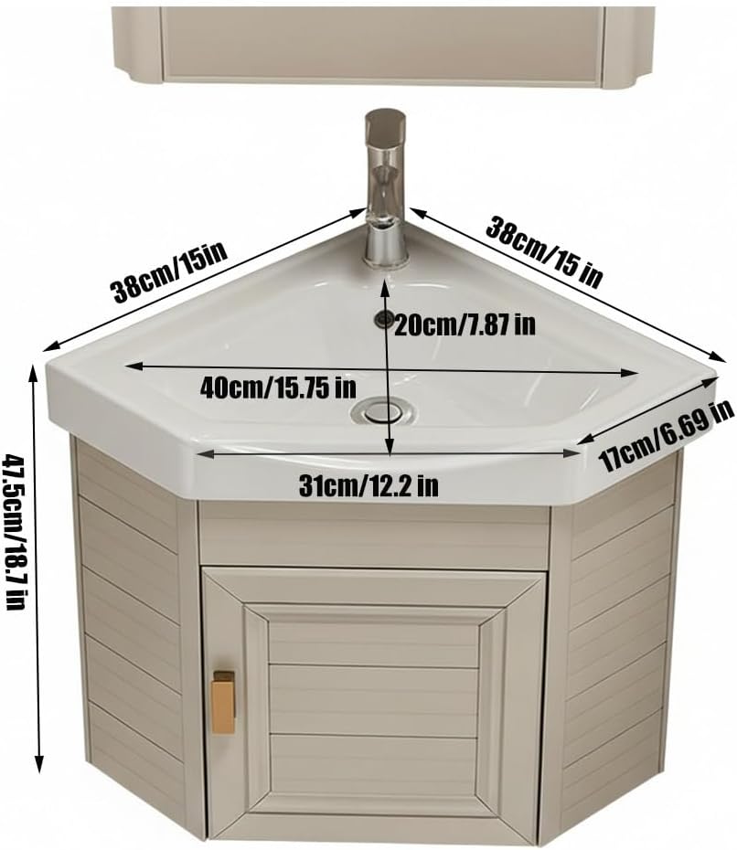 Floating Bathroom Corner Vanity with Open Shelve, Wall Mounted Design for Small Space, Bathroom and Cloakroom, Above Counter Design(White,38 x 38 cm Main Cabinet)