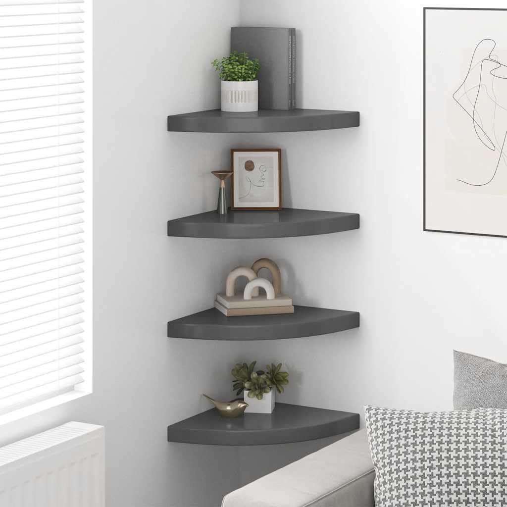Corner Floating Shelf Set of 4, High Gloss Grey Honeycomb MDF Wood, Triangular Wall Mounted Display Shelves for Living Room Decor, Bedroom, Home Office