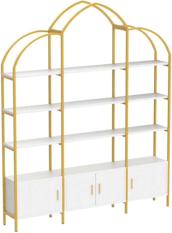 Arched Bookshelves and Bookcases: Triple Wide 5-Tier Large Open Bookshelf, Etagere Bookcase with Display Shelf for Home Office, White and Gold