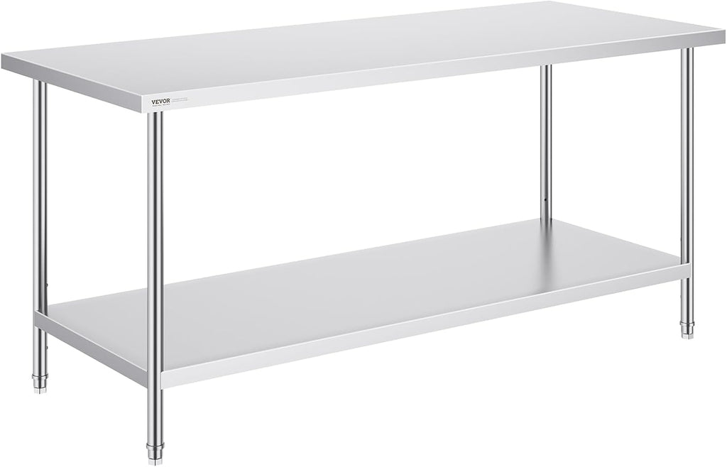 VEVOR Stainless Steel Prep Table, 30 x 72 x 34 Inch, 920 lbs Load Capacity, Heavy Duty Metal Worktable with 3 Adjustable Height Levels, Commercial Workstation for Kitchen Garage Restaurant Backyard