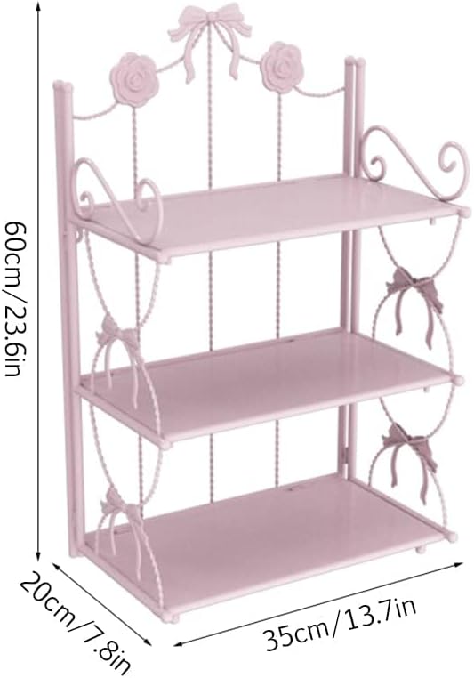 BOOMALTU Cute 3-Tier Folding Metal Shelving Bathroom Shelf,Pink Bookshelf with Bow and Flowers Decor for Storage and Display in Living Room, Bathroom, Office, Kitchen