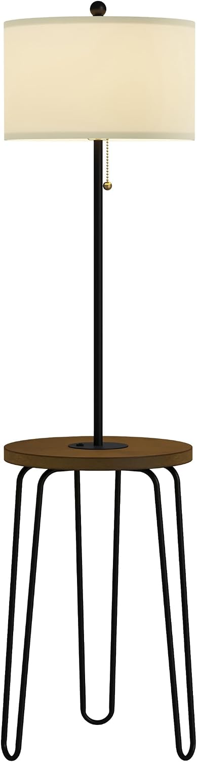 Floor Lamp with Table - Mid-Century Modern Nightstand or Side Table with USB Port and Hairpin Legs - Standing Light with Shelves by Lavish Home