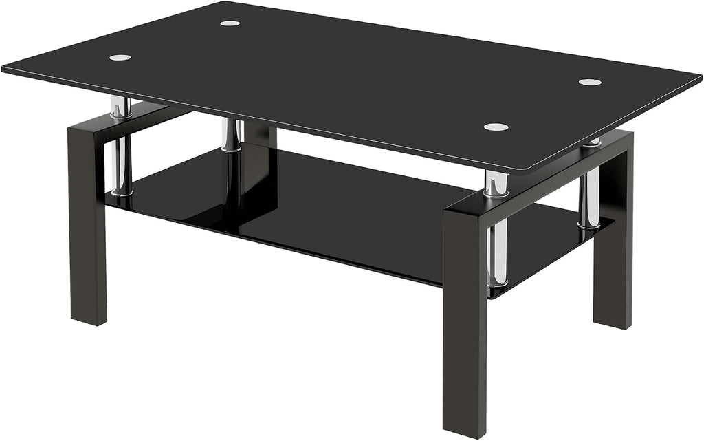 Modern Glass Coffee Table, 2-Tier Black Tempered Glass Tea Tables for Living Room, Rectangle 39.4' x 23.7' x 17.72' Stylish Center Coffee Table with Storage (Black One)