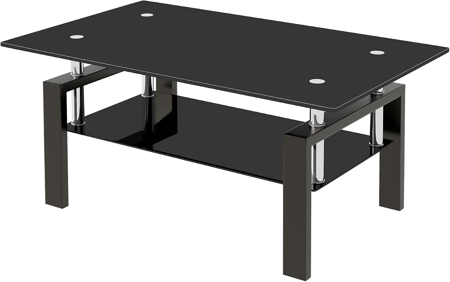 Modern Glass Coffee Table, 2-Tier Black Tempered Glass Tea Tables for Living Room, Rectangle 39.4' x 23.7' x 17.72' Stylish Center Coffee Table with Storage (Black One)