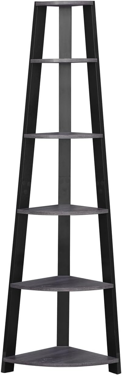 Bookshelf, Bookcase, Etagere, Corner, 5 Tier, 72' h, Office, Bedroom, Grey and Black Laminate, Contemporary, Modern