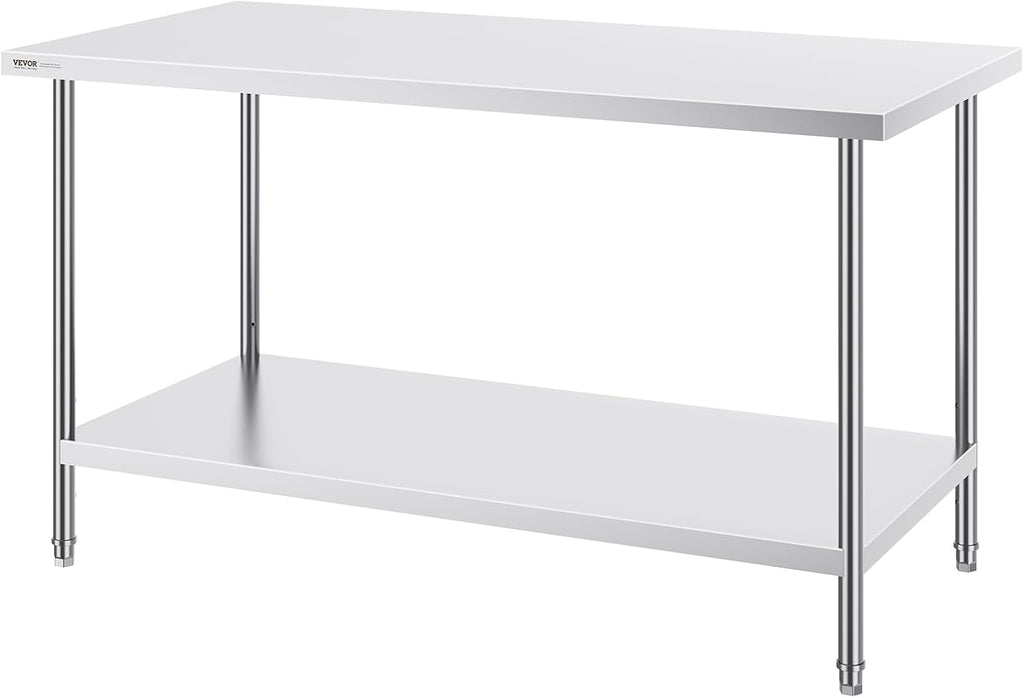 VEVOR Stainless Steel Prep Table, 30 x 60 x 34 Inch, 910 lbs Load Capacity, Heavy Duty Metal Worktable with 3 Adjustable Height Levels, Commercial Workstation for Kitchen Garage Restaurant Backyard