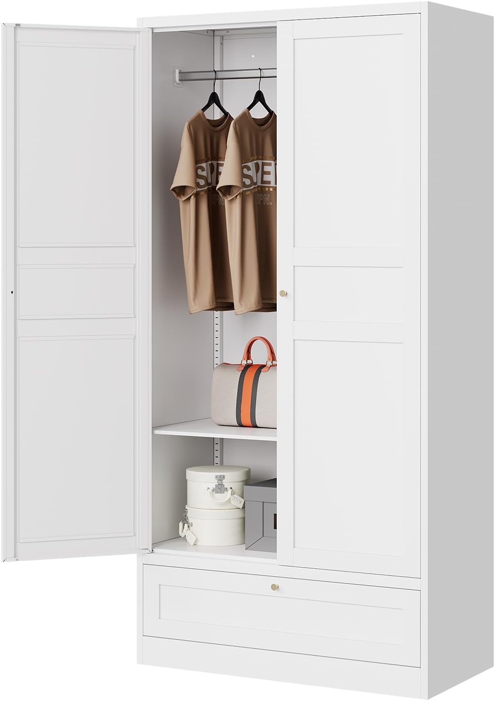 Letaya Wardrobe Closet,72' H Clothing Metal Storage Cabinet with Storage Drawer Adjustable Shelves and Hanging Rod,Bedroom Armoire Cabinet Clothes Organizer (White)