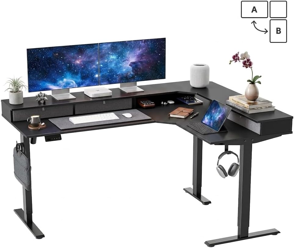 CubiCubi 63x48 Inches L Shaped Standing Desk with 3 Drawers and Monitor Shelf, Height Adjustable Corner Computer Desk with Hooks, Sit Stand Up Ergonomic Home Office Workstation Table, Black