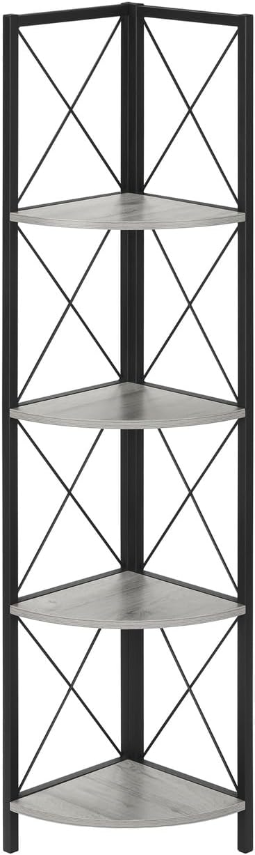 Bookshelf, Bookcase, Etagere, Corner, 4 Tier, 60' h, Office, Bedroom, Grey Laminate, Black Metal, Contemporary, Modern