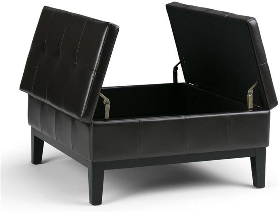 Pemberly Row Mid Century Faux Leather Storage Ottoman with Lift Top, Square Coffee Table for Living Room with Large Storage Space, Dark Brown Button Tufted Upholstered Footrest with Wood Legs
