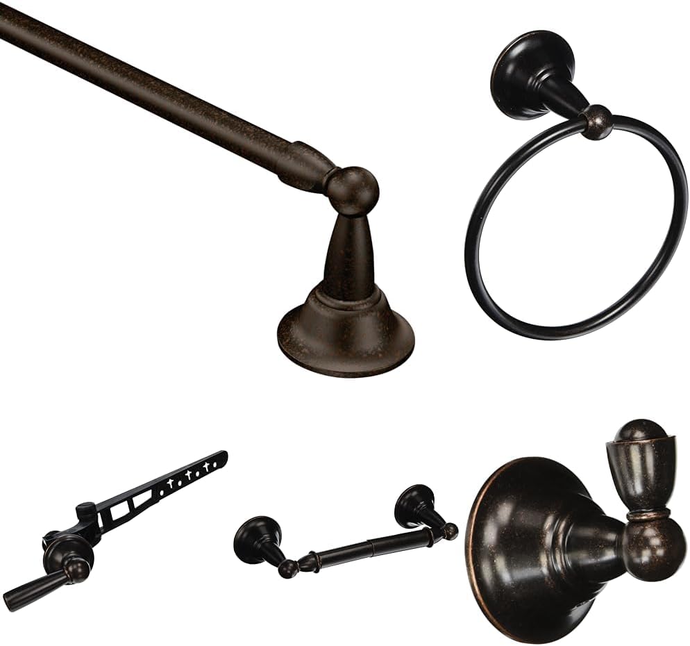 Bundle of Moen Sage Oil Rubbed Bronze 24' Towel Bar, DN6824ORB, Towel Ring, DN6886BN, Robe Hook, DN6803BN, Toilet Paper Holder, DN6808BN, and Toilet Tank Lever, DN6801BN