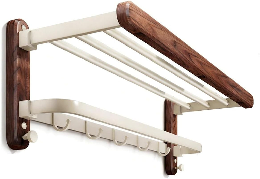 Space Aluminum+Solid Wood Towel Rack,Double Layer Bar Wall Mounted,with Foldable Shelf and Hooks,Bathroom Accessories,for Bedroom Bathroom Kitchen
