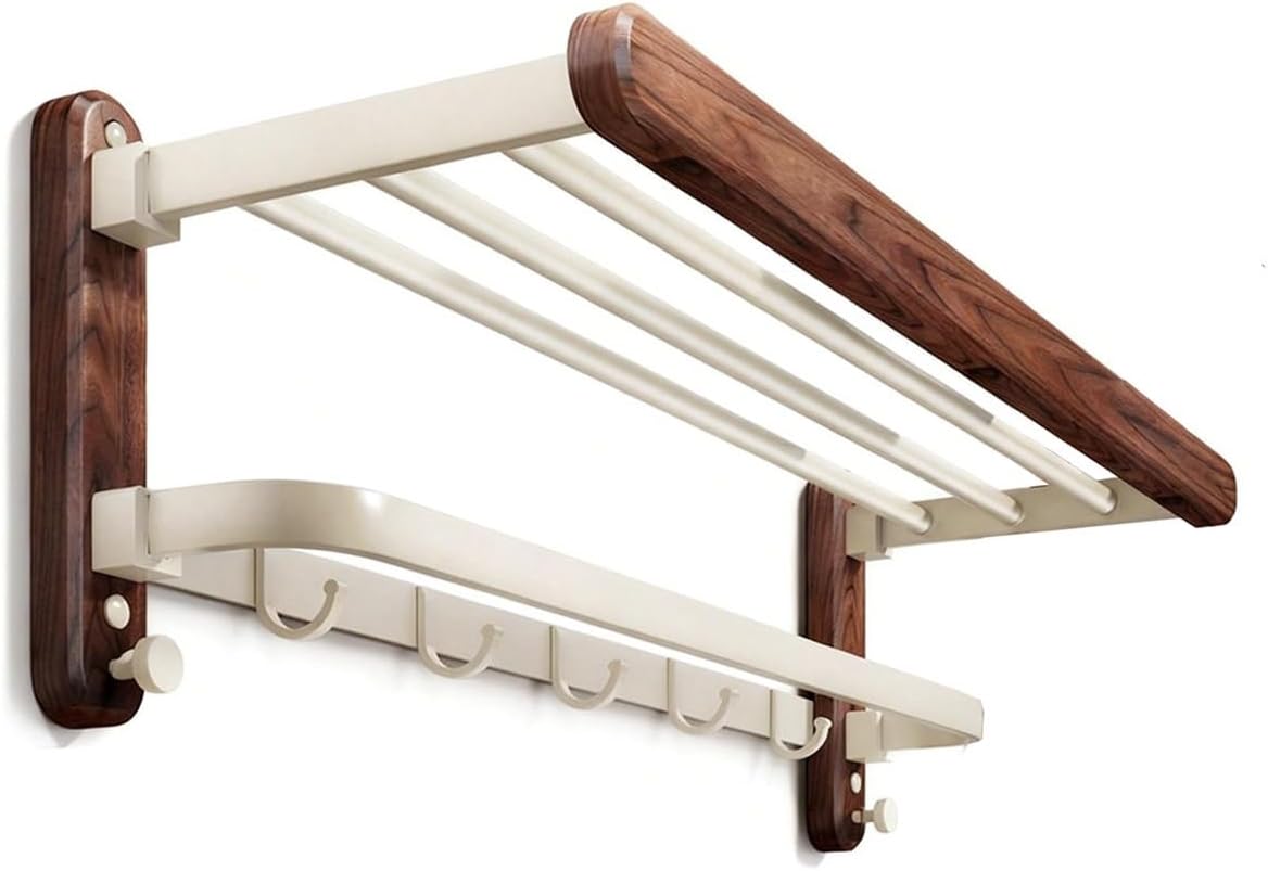 Space Aluminum+Solid Wood Towel Rack,Double Layer Bar Wall Mounted,with Foldable Shelf and Hooks,Bathroom Accessories,for Bedroom Bathroom Kitchen