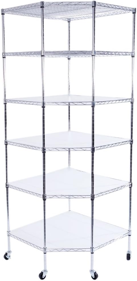 6 Tiers Polygonal Corner Shelf, Metal Storage Standing Rack w/Wheels, Wire Shelving Unit for Kitchen, Garage and Living Room (Silver)