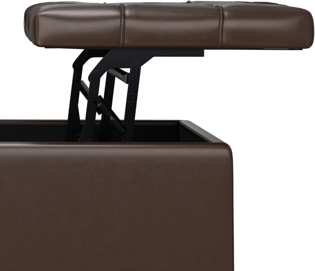 SIMPLIHOME Harrison Large Coffee Table Storage Ottoman - 40 inch Wide Upholstered Vegan Leather Square Lift-Top Ottoman in Chocolate Brown, Transitional Bench for Living Room with Sturdy Base