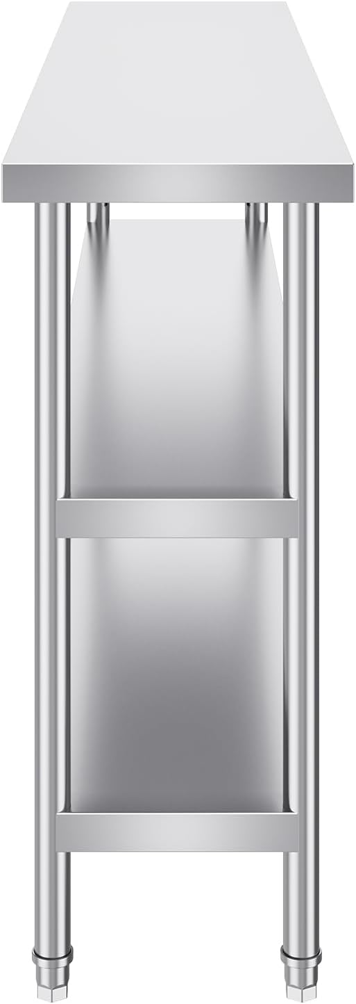 VEVOR Stainless Steel Food Prep Table, 14 x 60 x 34 Inch Commercial Kitchen Worktable, with 2 Adjustable Undershelf, Heavy Duty Prep Table Metal Work Table for BBQ, Kitchen, Home, and Garage