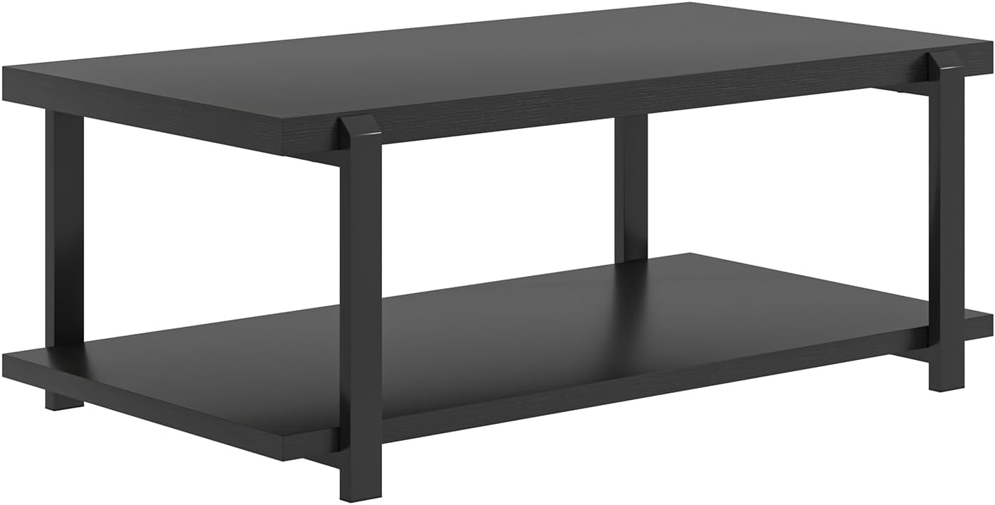FOLUBAN Black Coffee Table, Modern Rustic Wood Center Table with Storage for Living Room, Industrial Rectangle 2 Tier Cocktail Tea Table, Black Oak