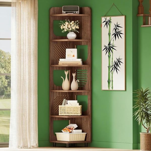 Storage Shelves Unit 5-Tier Shelf, Corner Shelving for Bedroom, Freestanding Decorative Ladder Etagere Organizer, Narrow Bookshelf, Bathroom Storage, Decorative Etagere for Plant Stand (Wood Color)