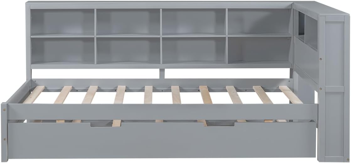 Twin Size Daybed with Storage Bookcase, Twin Trundle and Charging Station, Wooden Platform Bed with Bookshelf for Kids Boys Girls, Grey