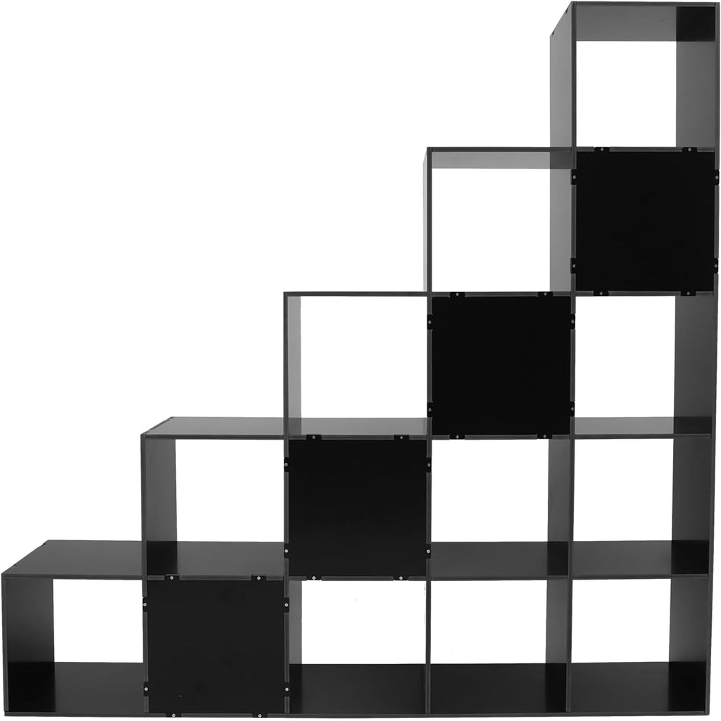 15 Cube L-Shaped Storage Bookcase, 5 Tier Stepped Ladder Cube Shelf for Corner, 57.48' Tall Open Bookshelf, Under Stairs Storage Organizer for Living Room, Home Office, Bedroom (Black, 15 cubes)