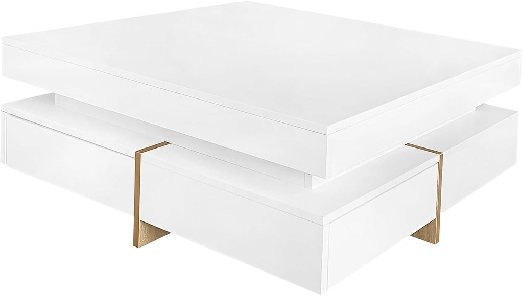 Modern Coffee Table with Storage, Contemporary Square Coffee Table with Drawers, High Gloss Modern Center Table for Living Room, Reception Room, Office, White, 31' D X 31' W X 11' H