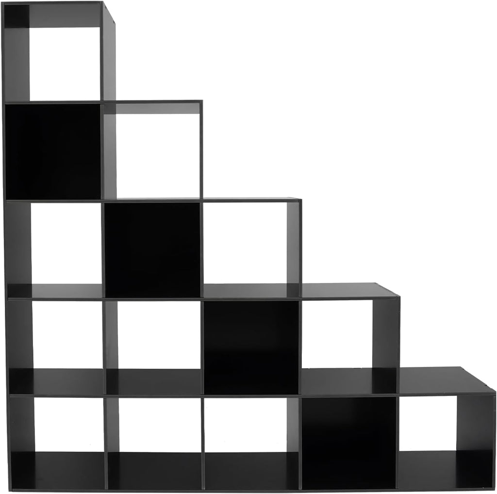 15 Cube L-Shaped Storage Bookcase, 5 Tier Stepped Ladder Cube Shelf for Corner, 57.48' Tall Open Bookshelf, Under Stairs Storage Organizer for Living Room, Home Office, Bedroom (Black, 15 cubes)