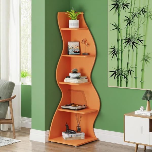 Storage Shelves Unit 5-Tier Shelf, Corner Shelving for Bedroom, Freestanding Decorative Ladder Etagere Organizer, Narrow Bookshelf, Bathroom Storage, Decorative Etagere for Plant Stand (Orange)