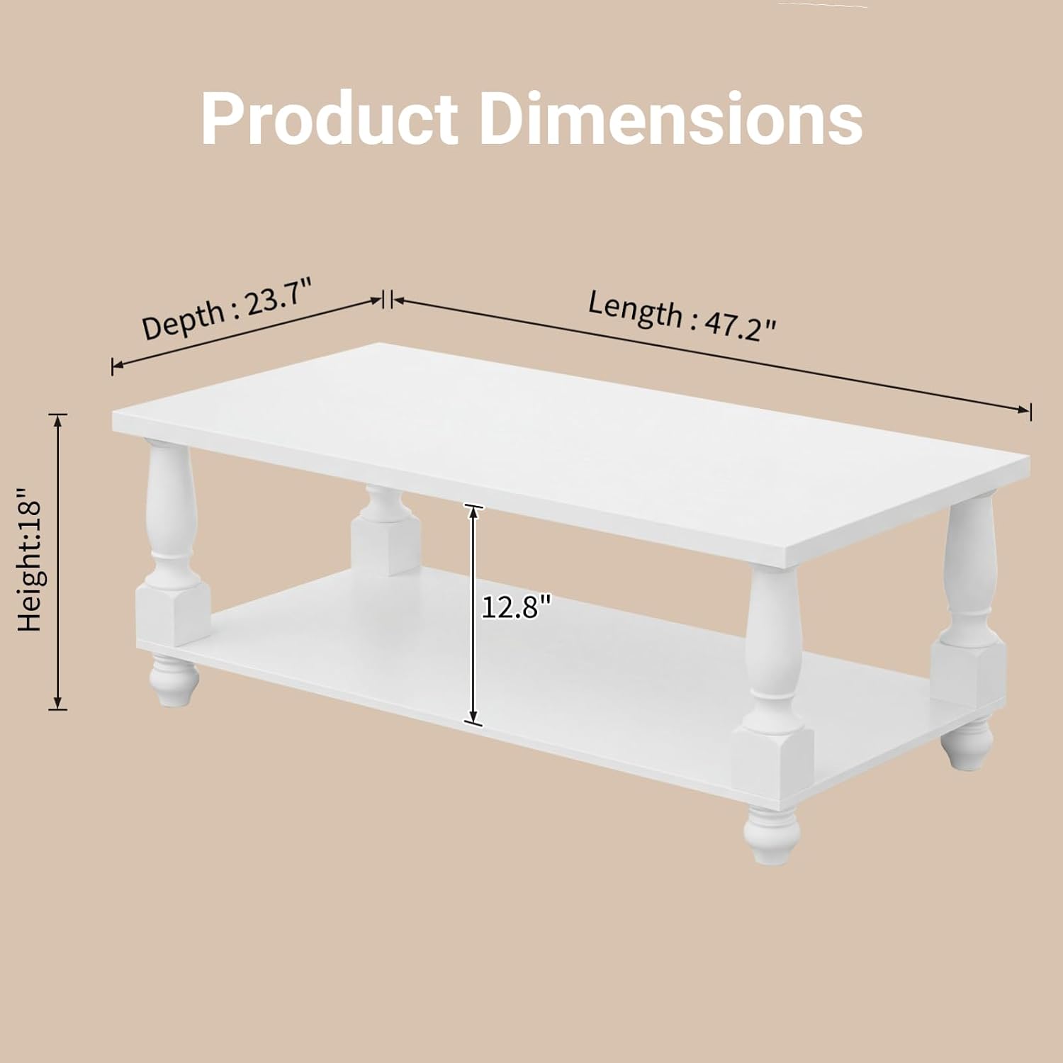 Homieasy Farmhouse Coffee Table with Storage, 47' Rectangular Living Room Center Table with Solid Wood Legs and Thickened Top, 2-Tier Wood Coffee Table with Turned Legs, Easy Assembly, White