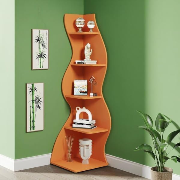 Storage Shelves Unit 5-Tier Shelf, Corner Shelving for Bedroom, Freestanding Decorative Ladder Etagere Organizer, Narrow Bookshelf, Bathroom Storage, Decorative Etagere for Plant Stand (Orange)