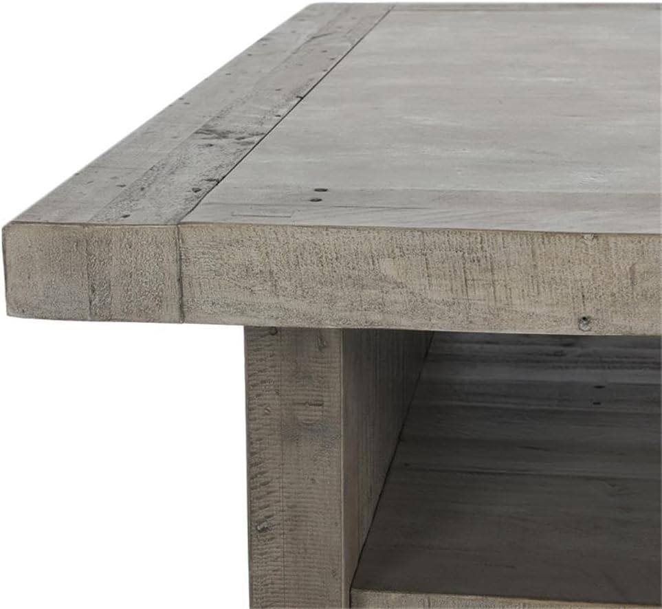 Pemberly Row 50' Square Wood Coffee Table, Antique Gray Finish, Reclaimed Wood Frame with Concrete Laminate Top, Open Shelf Design, Transitional Style Living Room Centerpiece or Storage Table