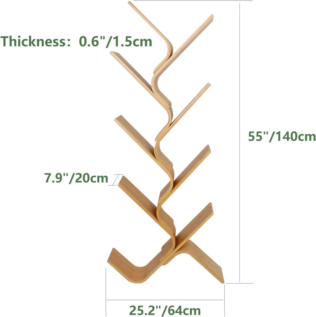 8-Tier Floor Bamboo Tree Bookshelf, Modern Standing Bookcase Office Book Storage Creative Curved Rack Organizer Shelves, Book Shelf Space Saver for Home Living Room Corner Bedroom