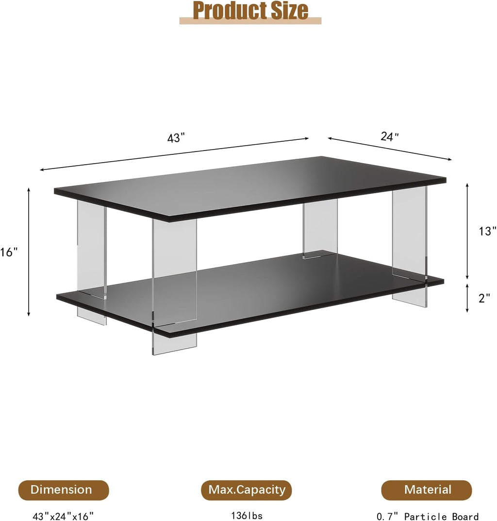 HedoAjim 43' Acrylic Coffee Table with Black Wood Top, Minimalist Stylish Modern Rectangular Center Tables for Living Room, Led Living Room Table with Storage Shelf & Acrylic Frame for Small Space