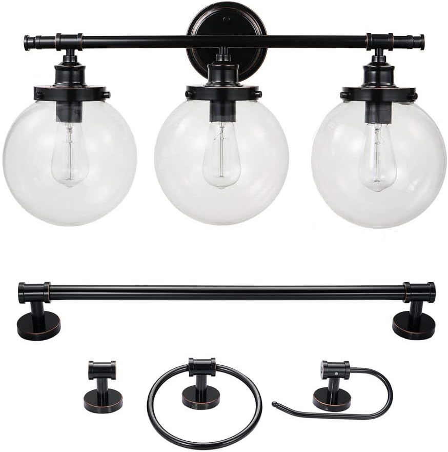 Globe Electric 51523 5-Piece All-in-One Bathroom Set, Oil Rubbed Bronze, 3-Light Vanity Light & Bulbs, Glass Shades, Towel Bar, Toilet Paper Holder, Towel Ring, Robe Hook, Bathroom Lights Over Mirror
