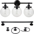 Globe Electric 51523 5-Piece All-in-One Bathroom Set, Oil Rubbed Bronze, 3-Light Vanity Light & Bulbs, Glass Shades, Towel Bar, Toilet Paper Holder, Towel Ring, Robe Hook, Bathroom Lights Over Mirror