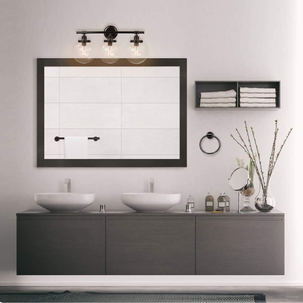 Globe Electric 51523 5-Piece All-in-One Bathroom Set, Oil Rubbed Bronze, 3-Light Vanity Light & Bulbs, Glass Shades, Towel Bar, Toilet Paper Holder, Towel Ring, Robe Hook, Bathroom Lights Over Mirror