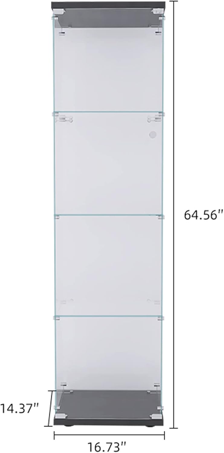64' 4 Shelves Display Cabinet with One Door,Floor Standing Corner Curio Glass Cabinets Case W/Locks,Transparent Full Viewing Angle Bookshelf for Living Room,Bedroom,Black