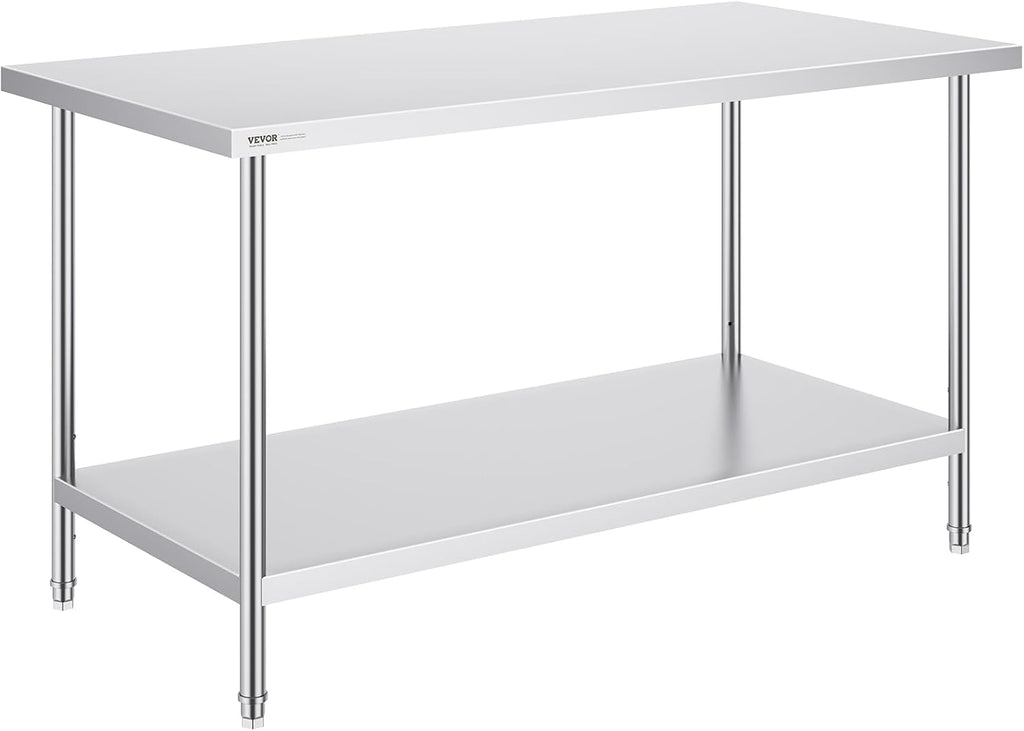 VEVOR Stainless Steel Prep Table, 30 x 60 x 34 Inch, 910 lbs Load Capacity, Heavy Duty Metal Worktable with 3 Adjustable Height Levels, Commercial Workstation for Kitchen Garage Restaurant Backyard