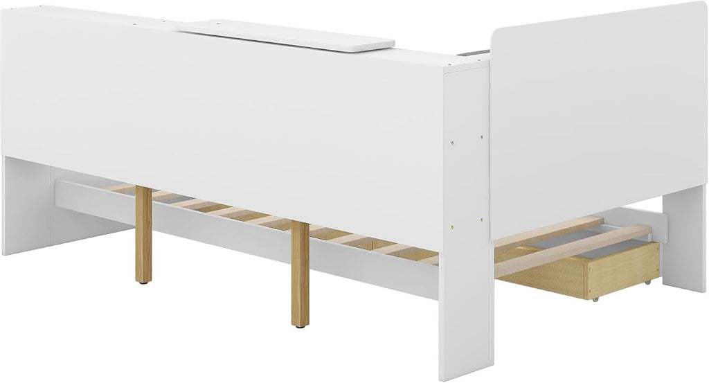 Twin Size Daybed with Storage Drawers and Bookcase,White | Pine Wood Corner Bed,Upholstered Storage Headboard,for Kids Boys Girls,Rotatable Board