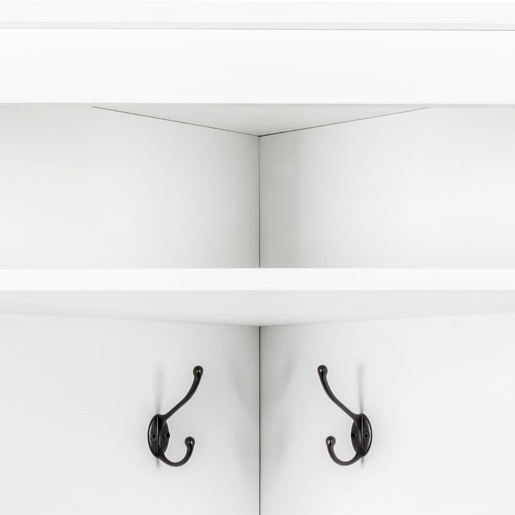 Merax Corner Hall Tree with Shoe Bench Entryway Coat Rack with 4 Metal Hooks Floor Standing Clothes Rack Shoes Shelf Organizer for Home Office Bedroom (White) 29.5''W*71.6''H